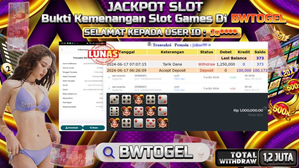 BUKTI JACKPOT SLOT JOKER JEWELS DICE TERPERCAYA DI INDONESIA TGL 17-06-2024