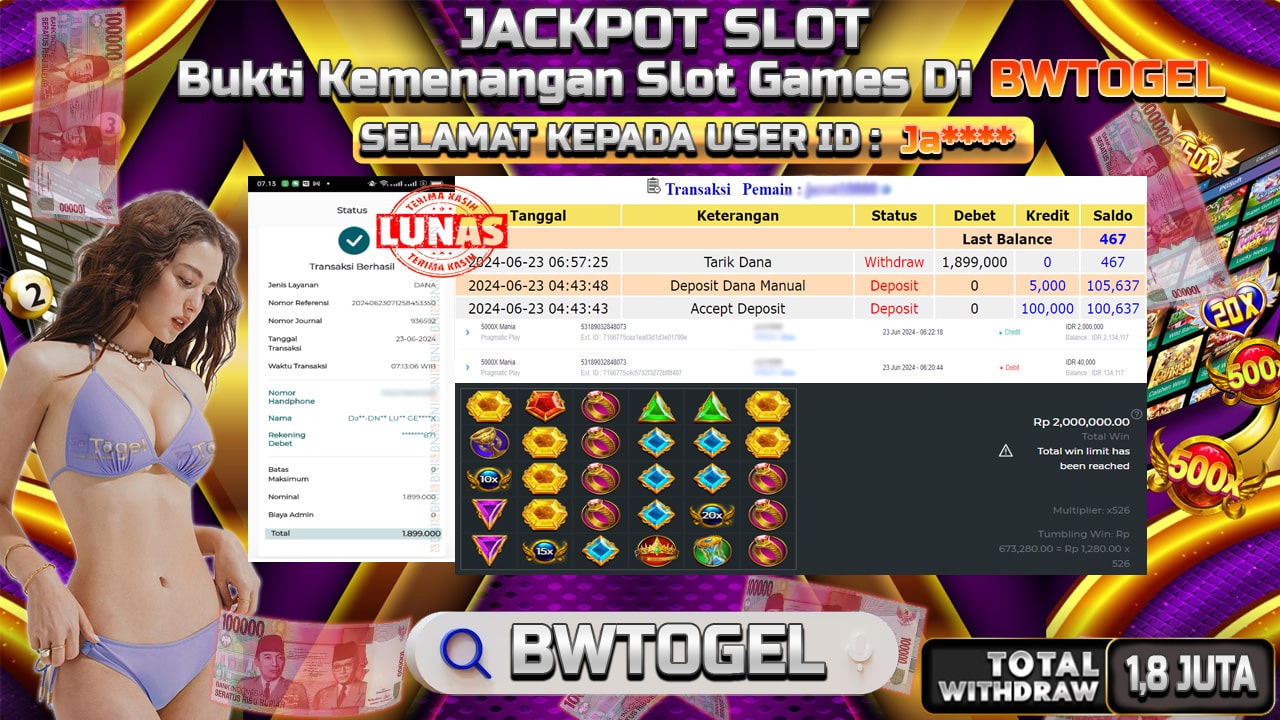 BUKTI JACKPOT SLOT 5000X MANIA TERPERCAYA DI INDONESIA TGL 23-06-2024