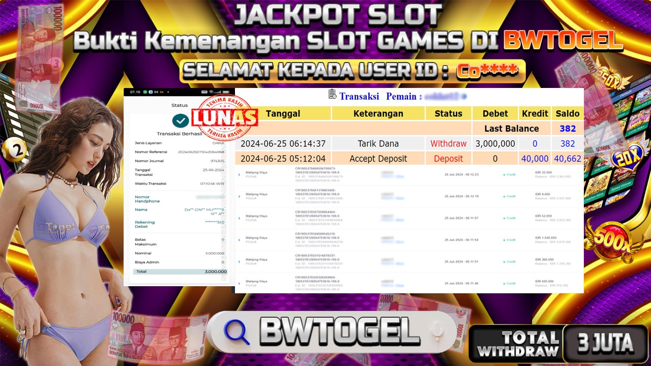 BUKTI JACKPOT SLOT MAHJONG WAYS TERPERCAYA DI INDONESIA TGL 25-06-2024