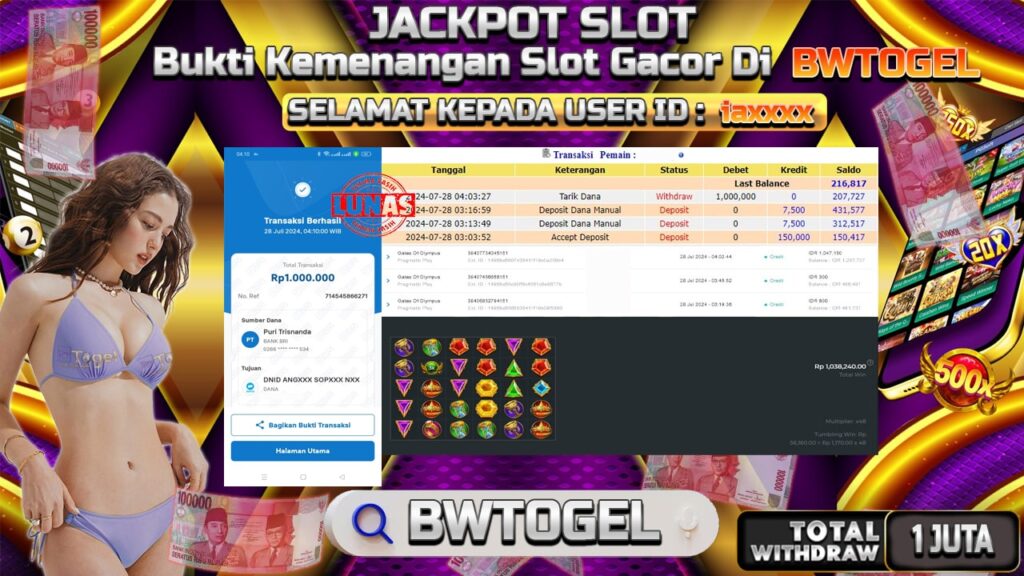 BUKTI JACKPOT SLOT GATES OF OLYMPUS TERPERCAYA DI INDONESIA TGL 28-07-2024