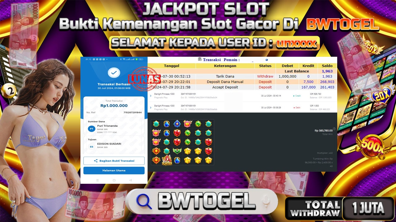 BUKTI JACKPOT SLOT STARLIGHT PRINCESS 1000 TERPERCAYA DI INDONESIA TGL 30-07-2024