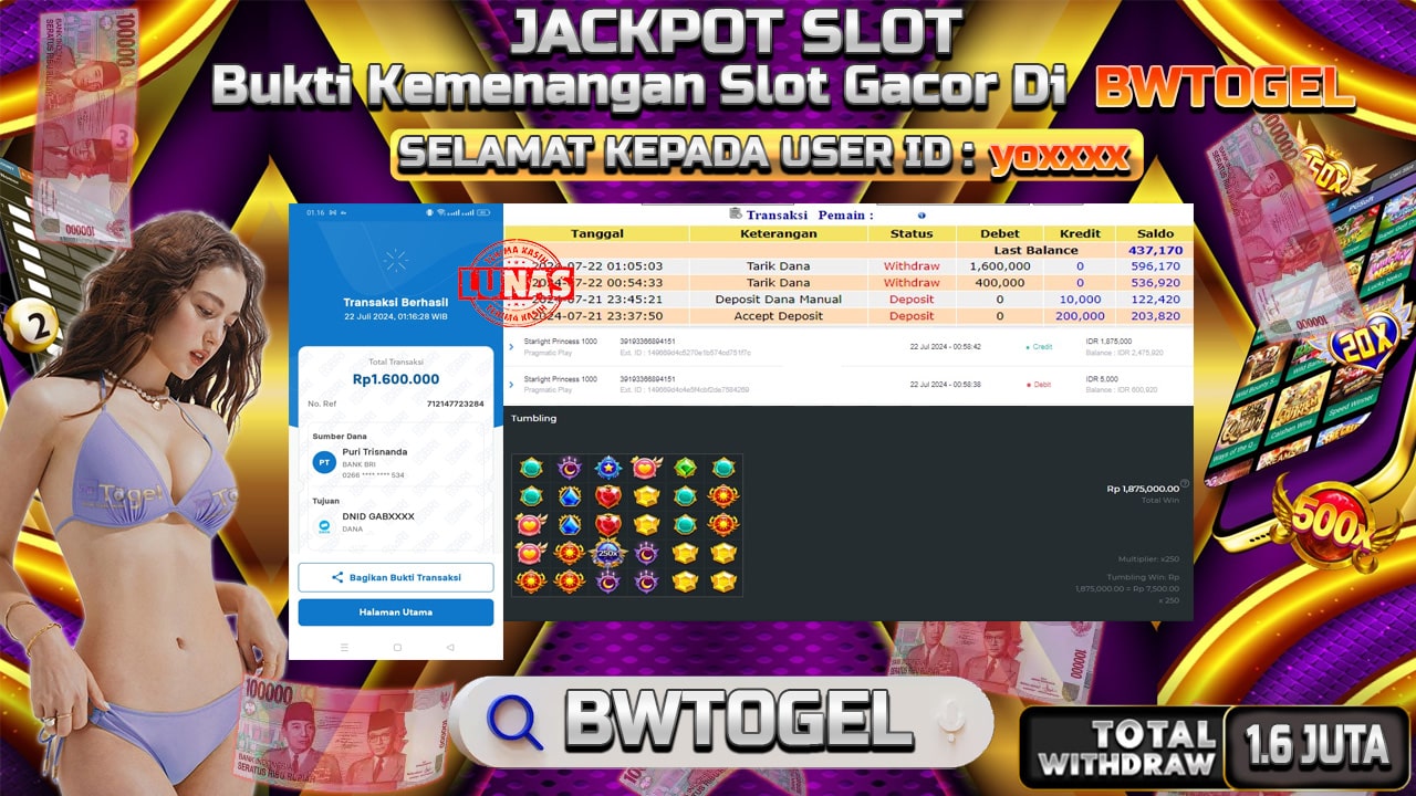 BUKTI JACKPOT SLOT STARLIGHT PRINCESS 1000 TERPERCAYA DI INDONESIA TGL 22-07-2024