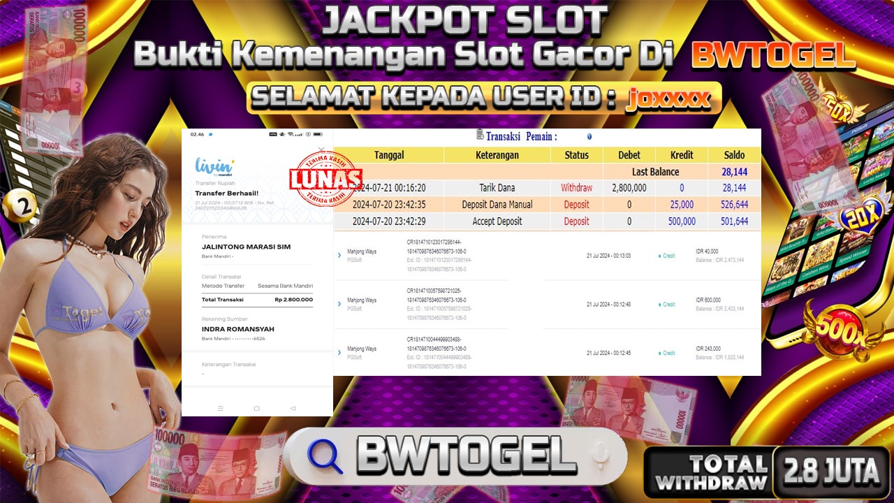 BUKTI JACKPOT SLOT MAHJONG WAYS TERPERCAYA DI INDONESIA TGL 21-07-2024