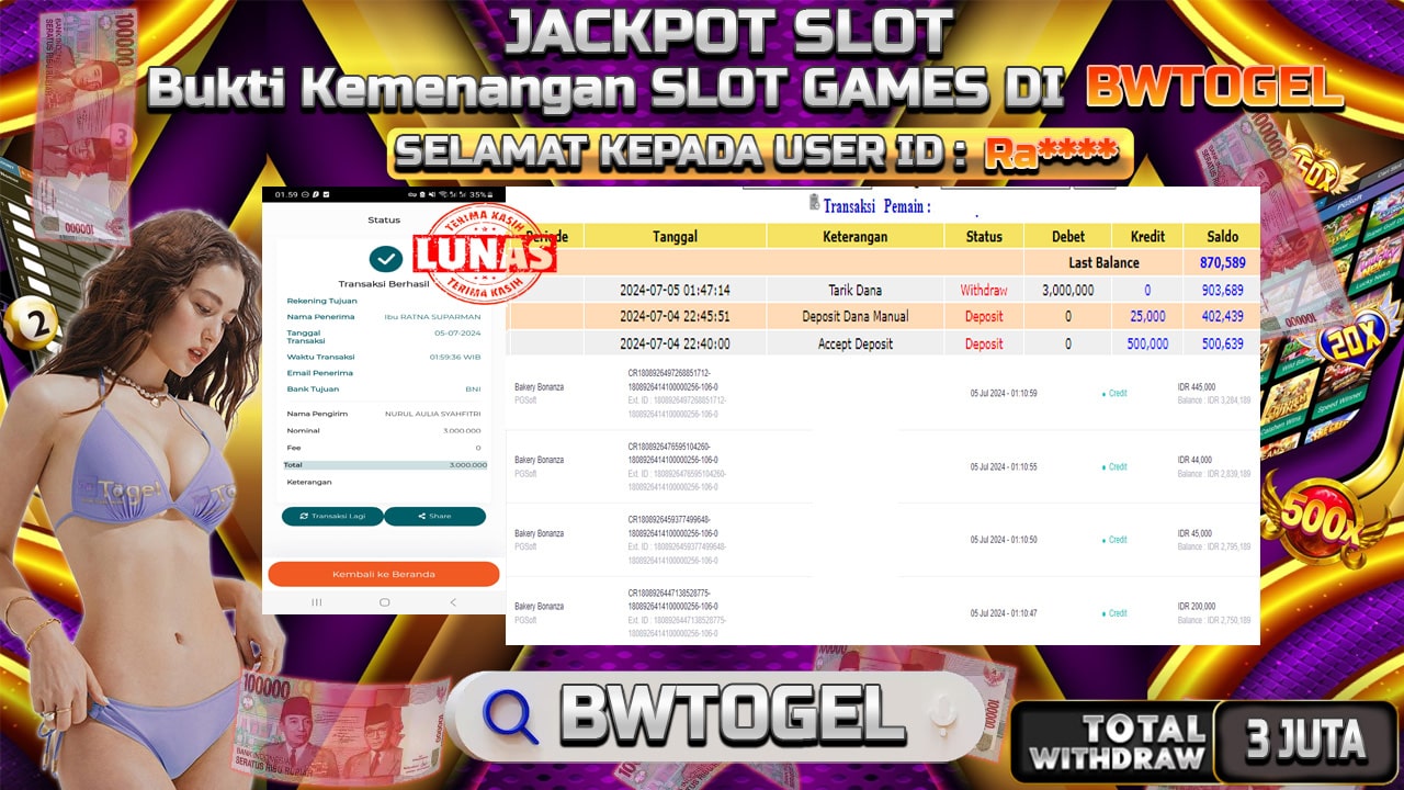 BUKTI JACKPOT SLOT BAKERY BONANZA TERPERCAYA DI INDONESIA TGL 05-07-2024