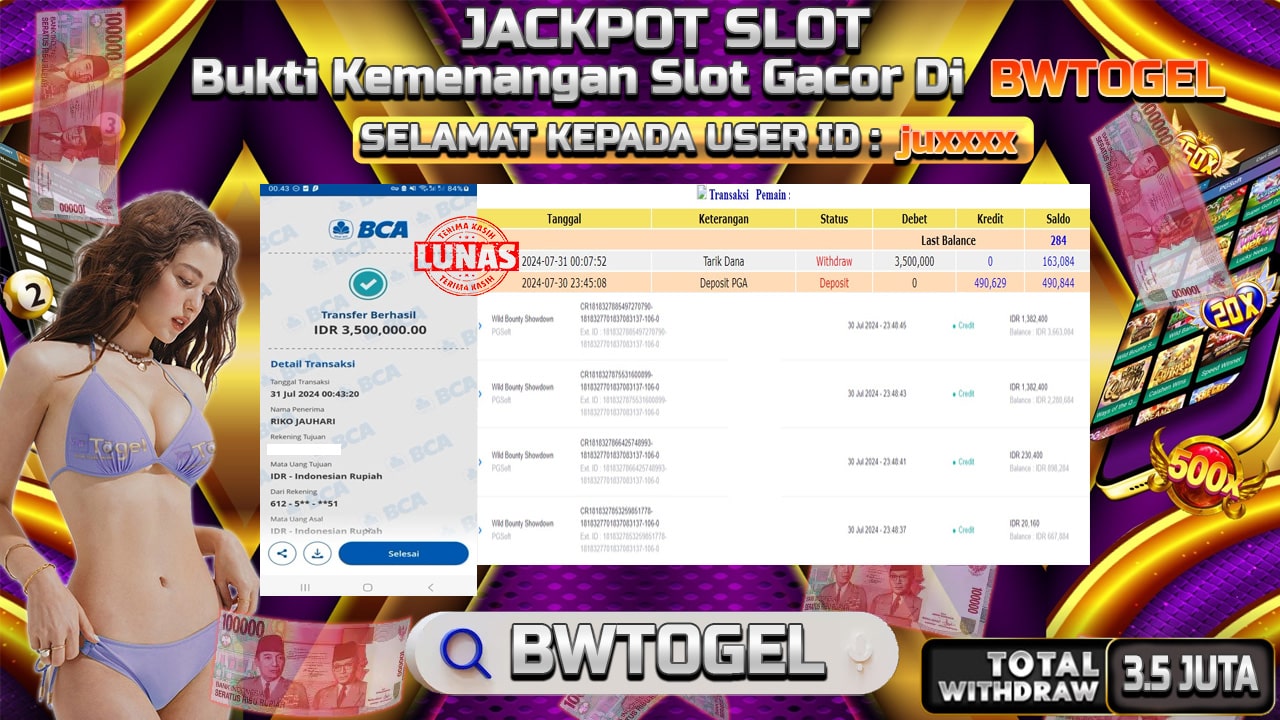 BUKTI JACKPOT SLOT WILD BOUNTY SHOWDOWN TERPERCAYA DI INDONESIA TGL 31-07-2024