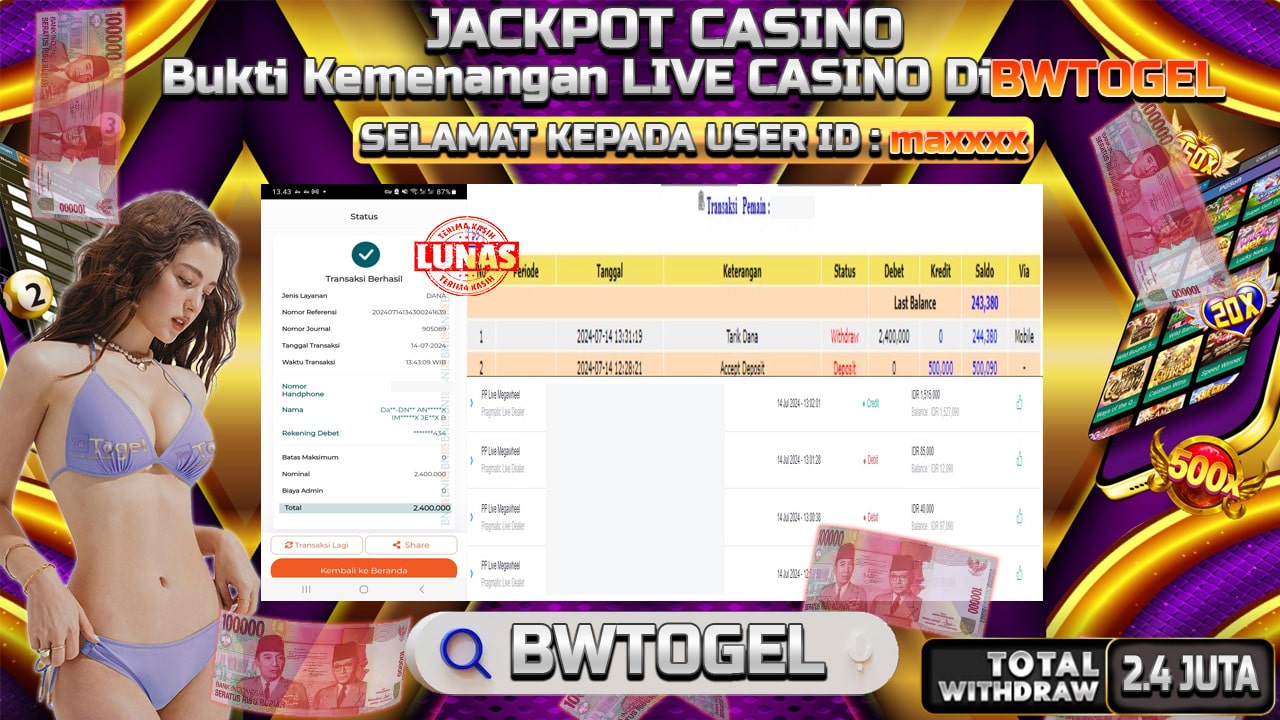 BUKTI JACKPOT LIVE CASINO MEGAWHEEL  TERPERCAYA DI INDONESIA TGL 14-07-2024