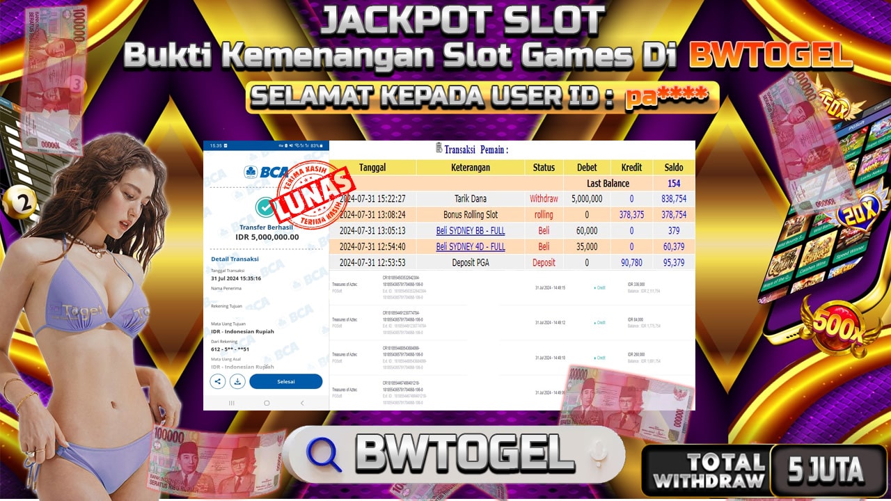 BUKTI JACKPOT SLOT TREASURES OF AZTEC TERPERCAYA DI INDONESIA TGL 31-07-2024