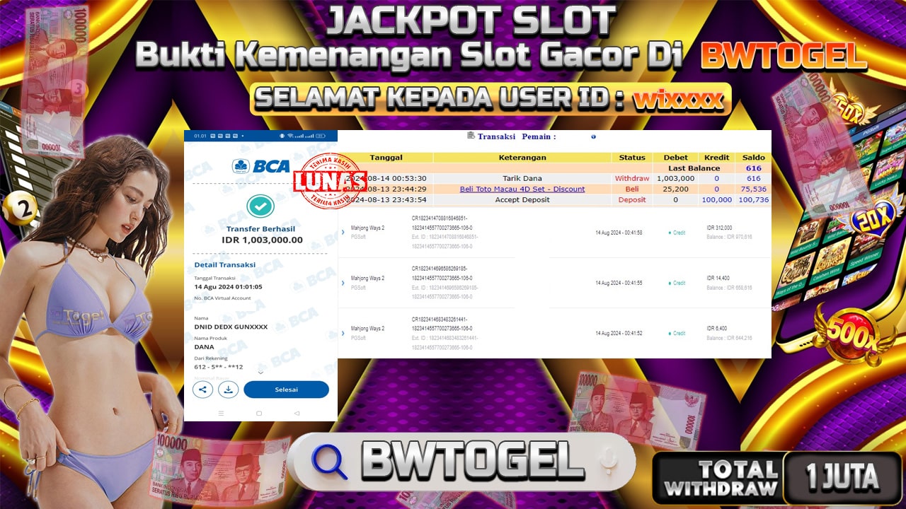 BUKTI JACKPOT SLOT MAHJONG WAYS 2 TERPERCAYA DI INDONESIA TGL 14-08-2024