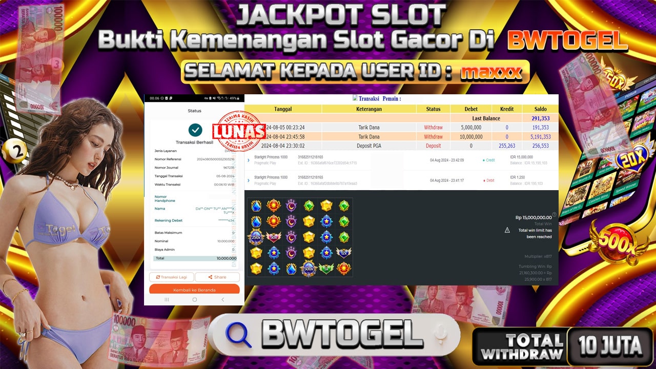 BUKTI JACKPOT SLOT STARLIGHT PRINCESS 1000 TERPERCAYA DI INDONESIA TGL 05-08-2024