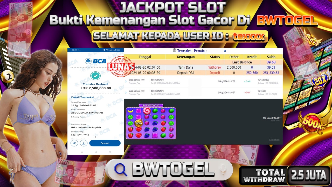 BUKTI JACKPOT SLOT SWEET BONANZA 1000 TERPERCAYA DI INDONESIA TGL 20-08-2024