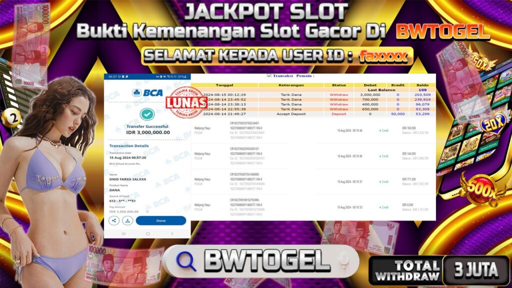 BUKTI JACKPOT SLOT MAHJONG WAYS TERPERCAYA DI INDONESIA TGL 15-08-2024