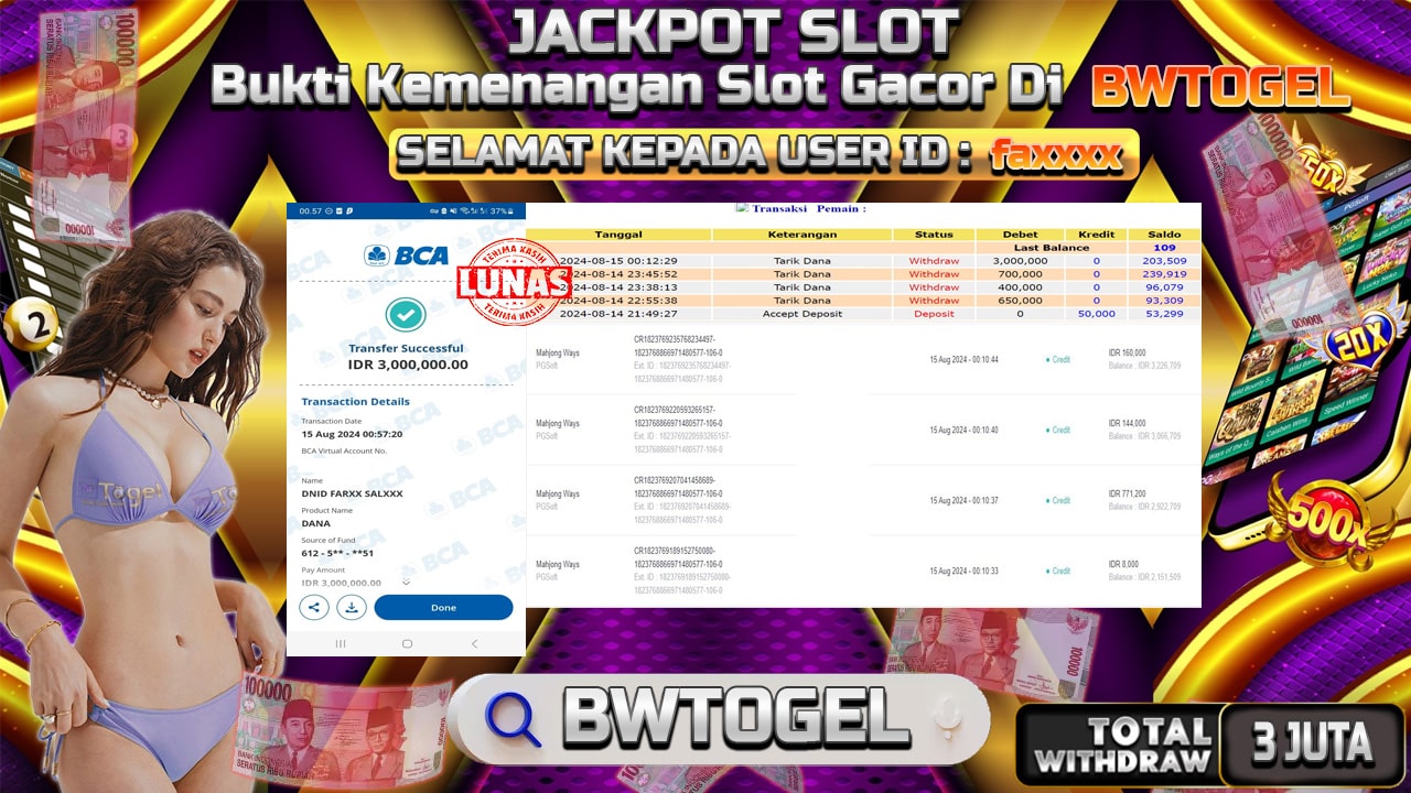 BUKTI JACKPOT SLOT MAHJONG WAYS TERPERCAYA DI INDONESIA TGL 15-08-2024