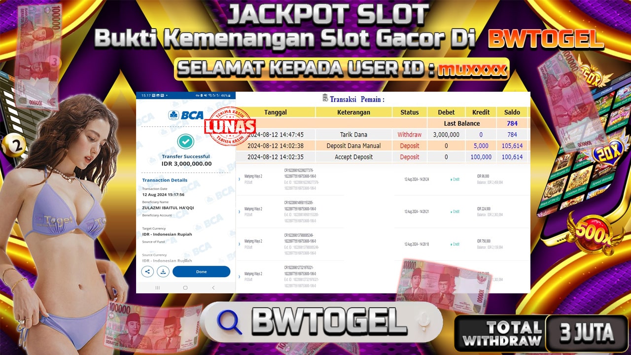 BUKTI JACKPOT SLOT MAHJONG WAYS 2 TERPERCAYA DI INDONESIA TGL 12-08-2024