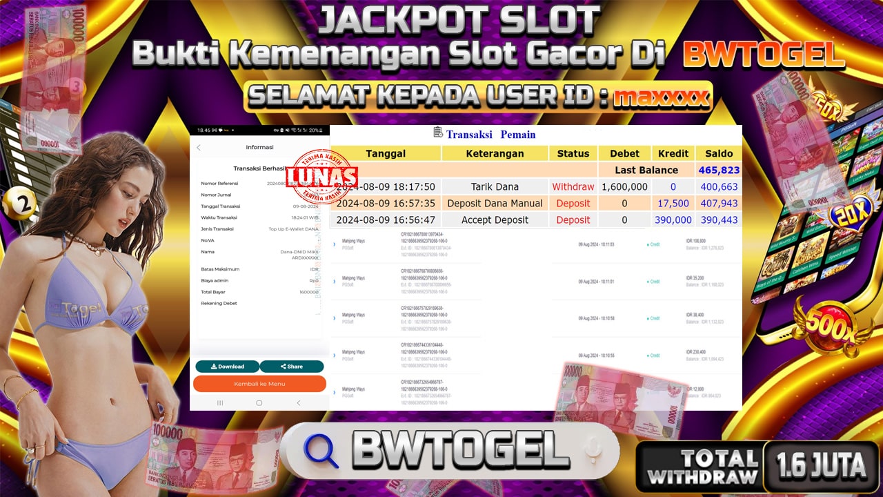 BUKTI JACKPOT SLOT MAHJONG WAYS TERPERCAYA DI INDONESIA TGL 09-08-2024